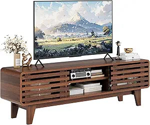 Luoxiao 55" Mid Century Modern TV Stand for 55 60 65 Inch TV, Walnut Media Console with Slatted Sliding Doors, Retro Wood Entertainment Center with Storage Shelves for Living Room, Bedroom