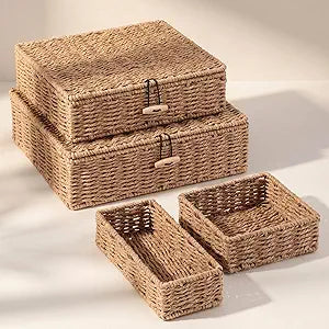 Newtay Set of 4 Woven Wicker Storage Baskets with Lids, Decorative Storage Boxes Lidded Rattan Organizer Bin Home Decor for Shelf, Coffee Table, Closet, Bathroom, Living Room(Paper Rope,Natural Color)