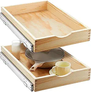 Menkxi 2 Set Wooden Pull out Cabinet Organizer Fully Assembled Slide out Pantry Drawer with Gentle Close Storage Shelf Tray for Base Kitchen Under Sink Bathroom Accessory(Wood Color,15'' X 21'' X 3'')