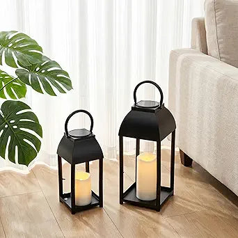 Set of 2 Black Solar Lanterns Outdoor Metal Decorative Lanterns with 2 Candles, Large Farmhouse Hanging & Table Decor for Garden Yard Patio Porch Wedding (17"&13")