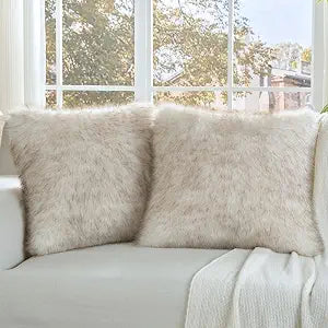 FUTEI Pack of 2 Faux Fox Fur Throw Pillow Covers 26x26 Inch Soft Fluffy Decorative Euro Pillow Shams Modern Farmhouse Accent for Couch Bed Living Room, Coffee White