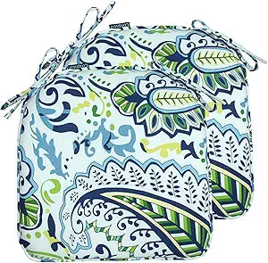 Indoor Outdoor Non Slip Chair Pad, U-Shaped Seat Cushions with Ties for Home Patio Dining Metal Chairs, 14x14 inch, Set of 2, Green Paisley