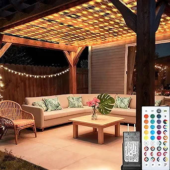 Lovelite 8ft x 8ft Net Lights Outdoor, 196LED 35 Colors Changing Gazebo Net Lights Clear Wire, Connectable Fairy Lights Waterproof for Patio Pergolas Backyard Bush Christmas 4th of July Wedding Party