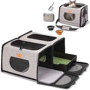 IC ICREATE.X Large Cat Carrier with Litter Box for Car Travel, Pet Carrier Bag 2-in-1Double Cat Travel Transport Carrier for Long Distance, Collapsible Dog Crate, Cat Bag for Kitten 2 Cats