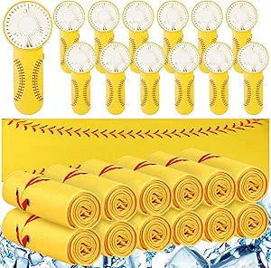 Tujoe 24 Pcs Sport Gifts, Includes 12 Pcs Cooling Towels 40"x12" Workout Towels, 12 Portable Fan Mini Handheld Fan for Team Gift Sport Party Favors, Battery Not Include(Yellow,Softball)