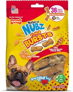 Nylabone Nubz Flavor Bursts Natural Dog Chews for Small Dogs, Long Lasting Chew Bones Made in the USA, Grain-Free Dog Treats, Bacon & Cheese Flavor, for Dogs Up to 25 lbs. (36 Count)