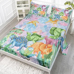 Datura home Bedding Fitted Sheet and Flat Sheet Set 4Pcs Rainbow Dinosaur Printed Bedding Set with 1 Flat Sheet and 1 Fitted Sheet + 2 Pillowcases for Girls (Dinosaur Full)