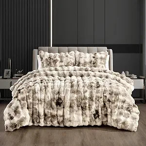 Fredsure Faux Rabbit Fur Comforter Set, 3 Pieces Tie Dye Khaki Queen, Faux Rabbit Fur Face and Microfiber Reverse