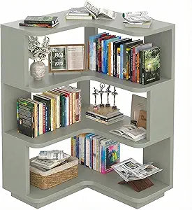 Armocity Corner Book Shelf - 4 Tier Corner Bookshelf Etagere Bookcase with Baffle, Freestanding L Shaped Display Shelf Stand for Home Office, Living Room, Bedroom, Kitchen, Crab Green