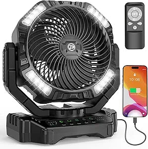 68HRS Running Camping Fan with Light, 20000mAh Battery Rechargeable, Powerful 4 Speeds & Auto Oscillating, Timer & Hook, for Travel Tent RV Emergency Hurricane Jobsite Garage