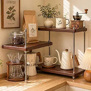 Ultra-Thick 24mm Solid Wood Coffee Station Organizer&Spice Rack for Kitchen Countertop, Corner Industrial 3-Tier Adjustable Shelf with 10mm 304 Thread Rods for Espresso Gear, Walnut Finish