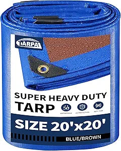 TARPAL 20x20ft Waterproof Heavy Duty Tarp 16Mil Thick with Metal Grommets Every 17.7" Large Multipurpose Tarp Tear-Resistant UV Protection Covers Roof, Pool,Car,Firewood&Outdoor Furniture(Blue/Brown)