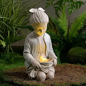 Hi-Line Gift Ltd. Sitting Girl W/Bird Nest Lighted Garden Statue Solar Powered LEDs