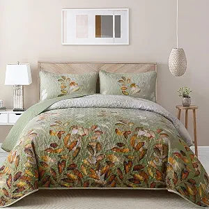 WONGS BEDDING Quilt Set Queen Size,3 Pieces Green-Brown Floral Bedspread Coverlet Set, Soft Microfiber Lightweight Floral Bedding Set Queen 96"90"