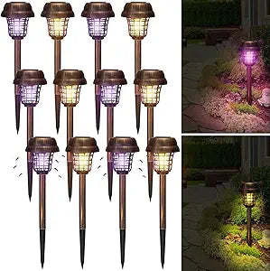 Qualirey 12 Pcs Solar Bug Zapper Outdoor Waterproof Mosquito Zapper Solar Powered Mosquito Killer Lamp Repellent Lamp for Patio Yard Garden Insect(Purple/Warm Light,Plastic)