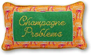FURBISH Needlepoint Decorative Throw Pillow - Small Embroidered Accent Pillow for Bed, Chair, Couch, Sofa, Eclectic Home Decor, 9" x 15" - Champagne Problems