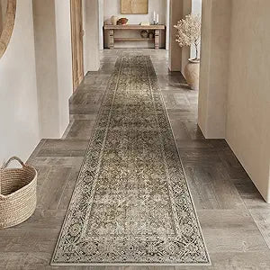 PureCozy Brown Runner Rug 3x12 Vintage Area Carpet Hallway Long Indoor Kitchen Washable Living Room Low Pile Traditional Distressed Retro Accent Throw Rug Non Slip Laundry Bathroom Office Dining Room