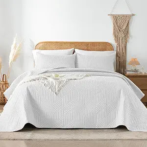 Davulos Queen Quilt Bedding Set,White Ultrasonic Full/Queen Quilt Set Reversible Microfiber Bedspread,Lightweight Soft Modern Geometric Coverlet Set for All Seasons(1 Quilt,2 Pillow Shams)