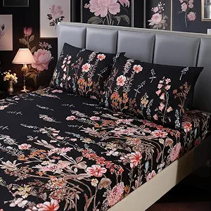 MAG 3pcs Black Floral Queen Bed Sheet,Microfiber Flower Boho Fitted Sheets with 1 Fitted Sheet and 2 Pillowcases,14 Inches Deep (Black, Queen)