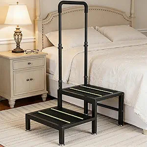 2 Step Stool with Handle, Heavy Duty Step Stool for Elderly and Adults, Adjustable Handrail with Non-Slip Platform, Bedside Steps for High Beds, Kitchen and Bathroom