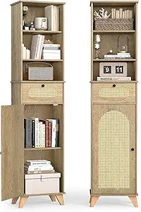 Quikraen Tall Bathroom Storage Cabinet with Rattan 67in Extra Tall Narrow Cabinet with Adjustable Shelves Bathroom Cabinet Storage for Living Room Dining Room Laundry