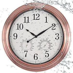 16 Inch Outdoor Clock Thermometer Combo, Red Bronze Metal-Frame Waterproof Wall Clock
