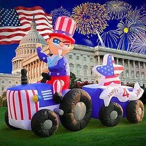 DomKom 6FT Patriotic Independence Day 4th of July Memorial Day Inflatable Outdoor Decoration, Uncle Sam Drive Tractor, LED Lights Holiday Blow Up for Fourth of July Party Garden Yard Lawn Decor