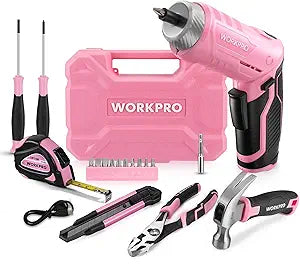WORKPRO Pink Tool Set with 3.7V Rotatable Electric Screwdriver, 18PCS Portable Ladies Home Tool Kit with Toolbox, Cordless Electric Screwdriver Kit, Household tool kit for Dorm, Apartment -Pink Ribbon