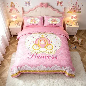 Homewish Girls Pink Theme Bedding Set,Carriage Duvet Cover for Teens,Kids Princess Style Comforter Cover Decorative Room,Children Cute Cartoon Quilt Cover with 2 Pillowcases,Full Size(No Comforter)