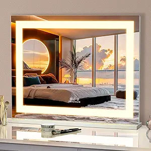 FENCHILIN Vanity Mirror with Lights, 23" x 18" RGB Backlit + Front Lit Hollywood Makeup Mirror LED Strip with 3 Colors Modes Smart Touch for Dressing Room & Bedroom Tabletop White