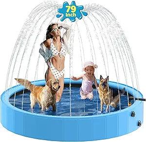 Raxurt Foldable Dog Pool, 79'' Sprinkler Pool for Kids Dogs, Heavy Duty Dog Splash Pad Pool for Large Dogs, 2-in-1 Portable Outside Swimming Pool for Kiddie and Dog