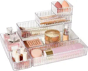 Vtopmart 7 PCS Clear Makeup Drawer Organizers Bins, 4-Size Stackable Makeup and Vanity Organizer Trays, Acrylic Bathroom Storage Containers for Cosmetic, Toiletries, Office Supply, Utensils, Gadgets