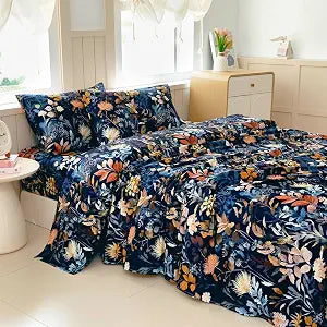 MICORAL Boho Floral Printed Sheet Set King Size, 4-Piece Botanical Pattern Bed Sheets, 16" Deep Pocket, Ultra Soft & Cooling Sheet, Oeko-TEX Certified, Dark Blue Blooms