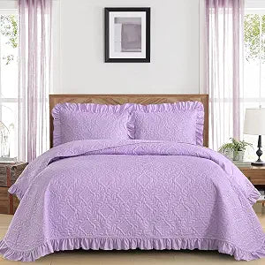DJY Queen Quilt Set Bedspread Bedding Set, Purple Lavender Ruffled Lightweight Soft Coverlet, Basket Weave Quilted Blanket Thin Quilt Bed Cover for All Season - 3 Piece