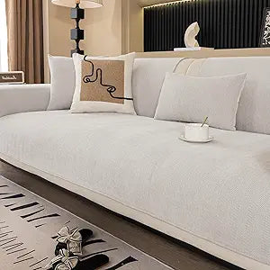 Chenille Sofa Couch Cover, Herringbone Sofa Covers Washable for Dogs, Funny Fuzz Couch Slipcover for Sectional Sofa, Non Slip Protector for L Shaped(Beige White, 36"x 47")