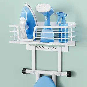 KES 90lb Heavy-Load Ironing Board Hanger Wall Mount, One-Piece Metal Frame Ironing Board Holder with T&V Shaped Hooks, Extra Large Storage Basket, No Breaking Sturdy Screws Included, White, HIR502-WH