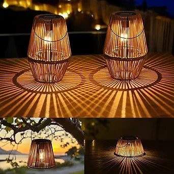 Uspring 2 Pack 3-in-1 Solar Lanterns Outdoor Waterproof Rattan Woven Hanging Solar Lights for Outside with Bright Lamp & LED Bead & 4 Handles, Garden Gifts Decor for Women Mom Patio Yard Porch
