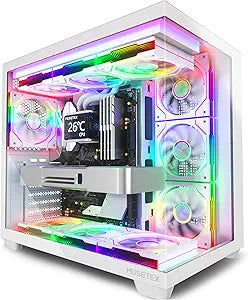 MUSETEX Y6 PC Case, Pre-Installed 7 Infinity Mirror PWM ARGB Fans, ATX Mid Tower Computer Case, Gaming PC Case with Type-C, 270 Full View Tempered Glass, White