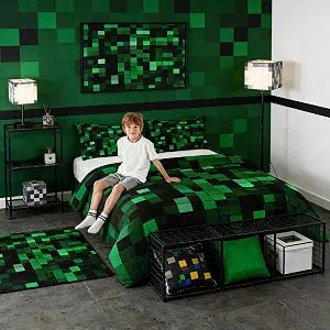Pixelated Miners Game Kids Comforter Set Full Size,Geometric Check Video Games Bedding Set,Boys Room Decor,Gamepad Camo Grid Quilt Comforter,Black Green Duvet Set Bedroom Quilt Set,2 Pillowcases | Geometric Check