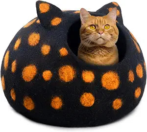Wool Cat Cave Bed - Extra Warm, Handcrafted, Eco-Friendly Felt Cat Cave for Indoor Cats and Kittens (White Polka) by Woolygon (Black Polka)
