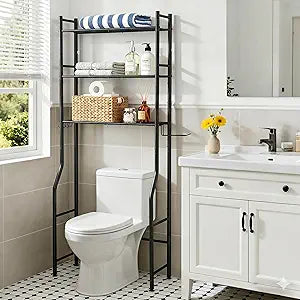 Premium 3-Tier Over The Toilet Storage, Heavy Duty Carbon Steel Bathroom Organizer Space Saver with Paper Holder & Hooks, Freestanding Renter-Friendly Shelves Rack Above Commode, Matte Black (63" H)