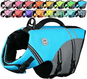 VIVAGLORY Dog Life Vest Sports Style Dog Swim Vest, L, Blue | Lifejacket with Leash Ring & Handle for Swimming & Boating, Reflective Adjustable for Puppy Doggy Cat
