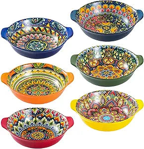Henten Home Ceramic Soup Bowls Set, 14 oz Cereal Bowl Set of 6, Small Dessert Bowls with Handle, Boho Serving Bowls Set for Kitchen, Snack, Salad, Microwave & Dishwasher Safe