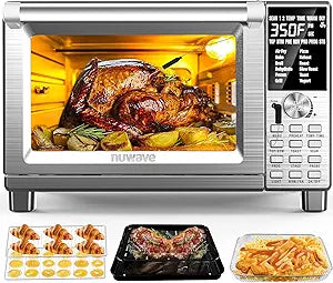 Nuwave Bravo Air Fryer Toaster Smart Oven, 12-in-1 Countertop Convection, 30-QT XL Capacity, 50-500F Temperature Controls, Top and Bottom Heater Adjustments 0%-100%, Brushed Stainless Steel Look