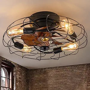 DIDER 21" Low Profile Caged Ceiling Fan with Lights Remote Control, Include Bulbs, Farmhouse Bladeless Small Industrial Black Ceiling Light Fixture for Bedroom