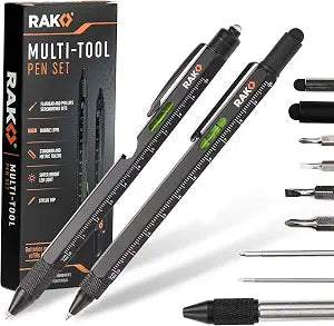 RAK Multitool Pen - Multi-Tool Pen Set 11 in 1, LED Light, Screwdrivers, Level, Ruler, Bottle Opener, and Stylus. Cool Gadgets Gifts for Men, Dad, EDC Tactical Pen Tool, Gift-Ready Box, Pack of 2