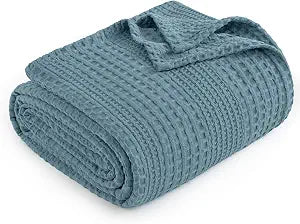 PHF Lightweight Waffle Weave Blanket Queen Size, Breathable & Ultra Soft, 90"x 90" Soft & Cozy Thin Blanket for Spring & Summer & Hot Sleepers, Bed, Home Decor - Stormy Blue