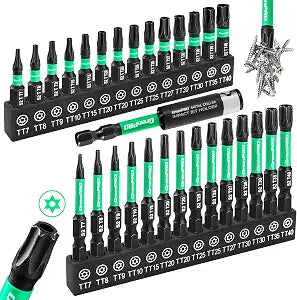 GRENPRO Torx Bit Set 29pcs(TT7-TT40), 1''&2'' S2 Steel Security Torx