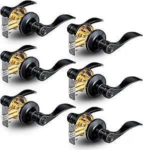 Veise 6 Pack Privacy Door Handles Interior, Door Levers Lock Keyless for Bedroom, Bathroom, Rust-Proof Door Knobs Interior, Waterproof Zinc Alloy Wave Lever Right Left Handed, Matte Black