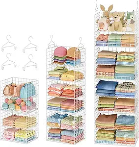 8 Tier Extended Width Hanging Closet Organizer, Sweater Storage for Closet Organizer System, Stackable Wire Basket Bins for Clothes Purse Shoes, Hanging Shelves with 4 Hooks & 4 Dividers Adjustable